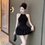 MK_ Đầm váy ngắn, đi tiệc cổ yếm ôm body đính đá tùng bí xoắn lưới sóng bồng kèm quần
