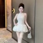 MK_ Đầm váy ngắn, đi tiệc cổ yếm ôm body đính đá tùng bí xoắn lưới sóng bồng kèm quần
