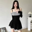 Đầm Ngắn Hai Dây Trễ Vai Tay Dài Dáng Ôm Chất Thun Cao Cấp Váy Chữ A Xòe Nhẹ