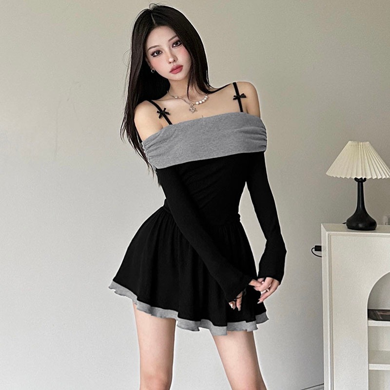 (Hàng Quảng Châu CC) Đầm Ngắn Hai Dây Trễ Vai Tay Dài Dáng Ôm Chất Thun Cao Cấp Váy Chữ A Xòe Nhẹ