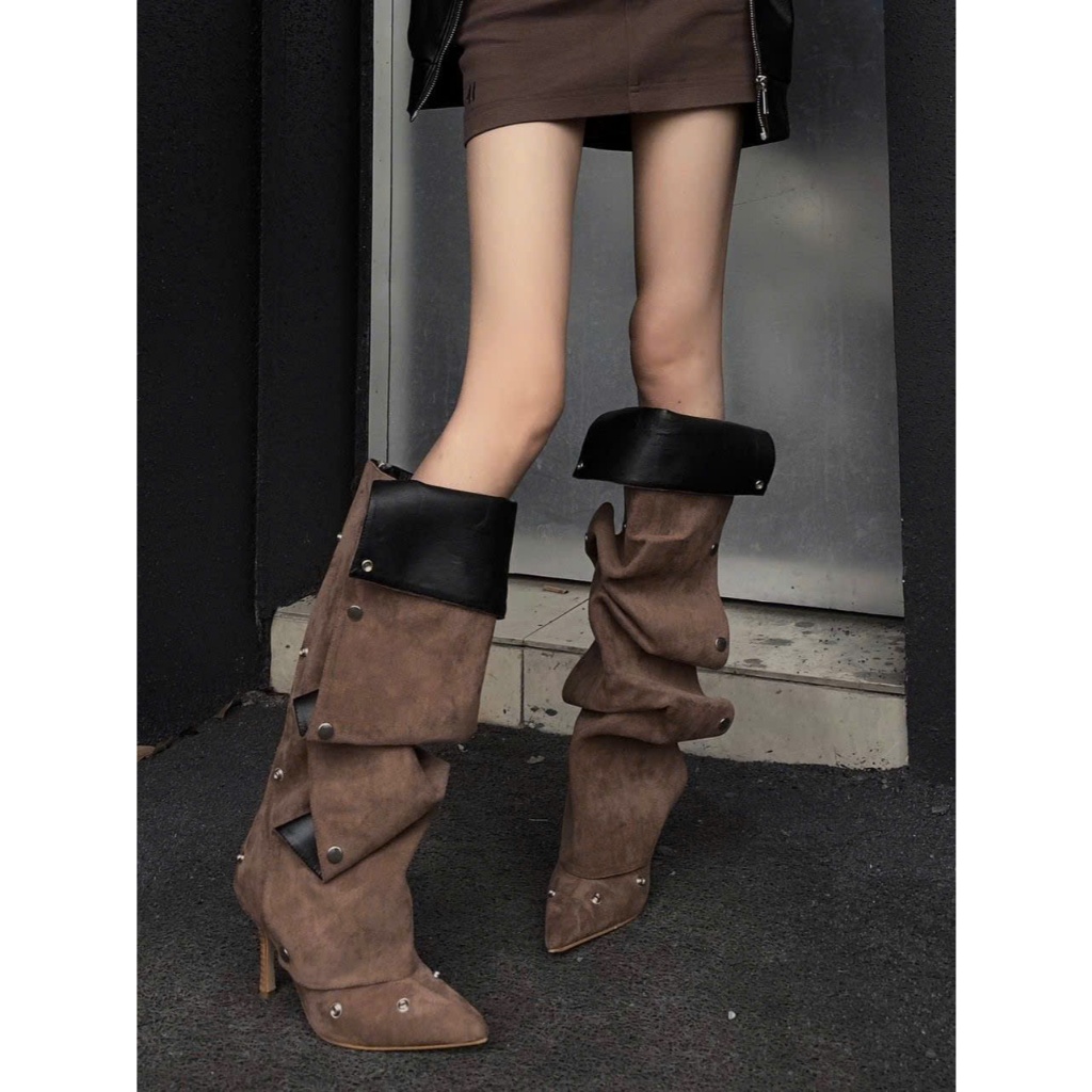 (Sẵn trắng 35, xanh 36) Giày Boots Cao Gót Mũi Nhọn Đinh Tán Kiểu Âu Mỹ Hàng Hot Girl Đế Cao 8cm