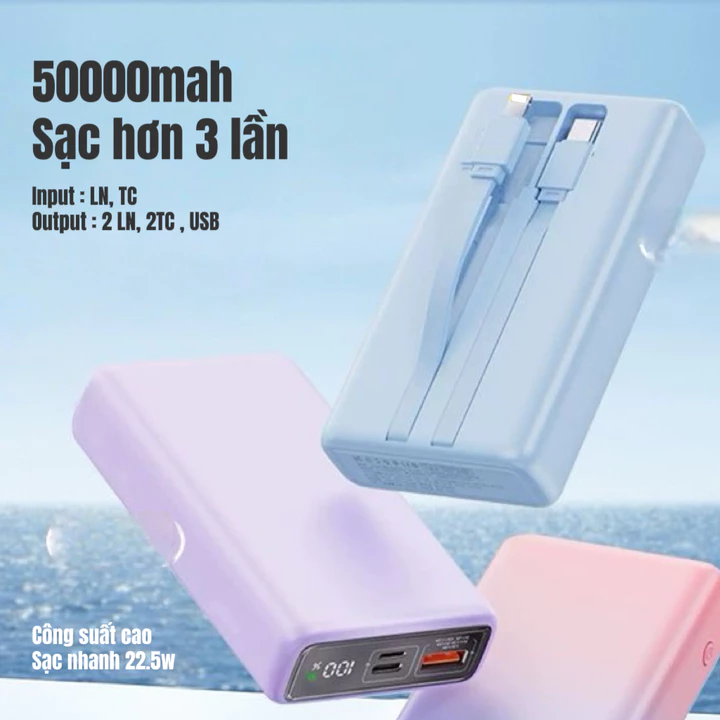 Sạc Dự Phòng 50000mah Sạc Nhanh PD 22.5w Nối Sẵn Dây Sạc Iightning và type-c, Sạc Cùng Lúc Nhiều Thiết Bị, Sạc Dự Phòng
