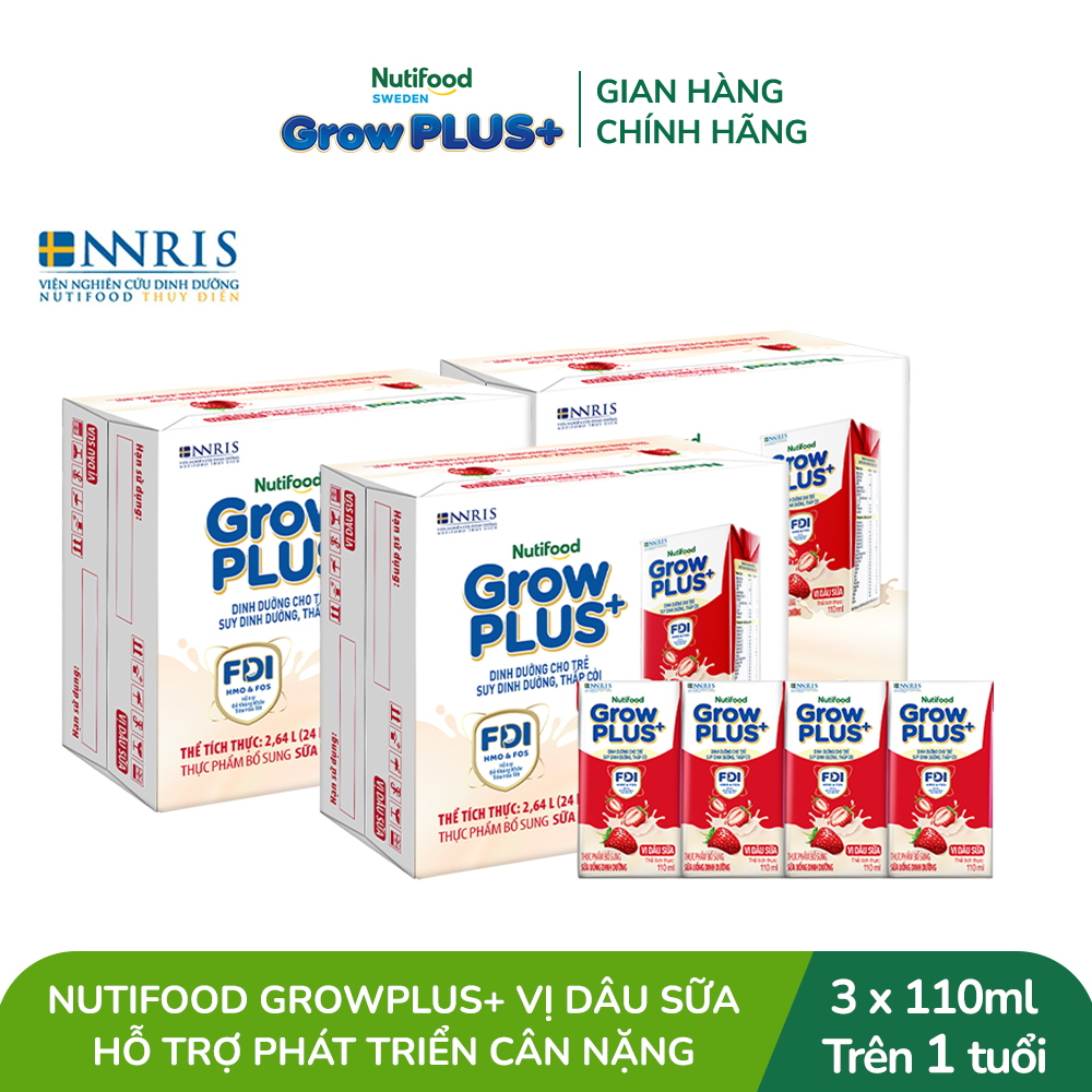 Combo 3 Thùng 24 hộp Sữa bột pha sẵn Nutifood GrowPLUS+ Vị Dâu Sữa hộp 110ml - Trên 1 tuổi
