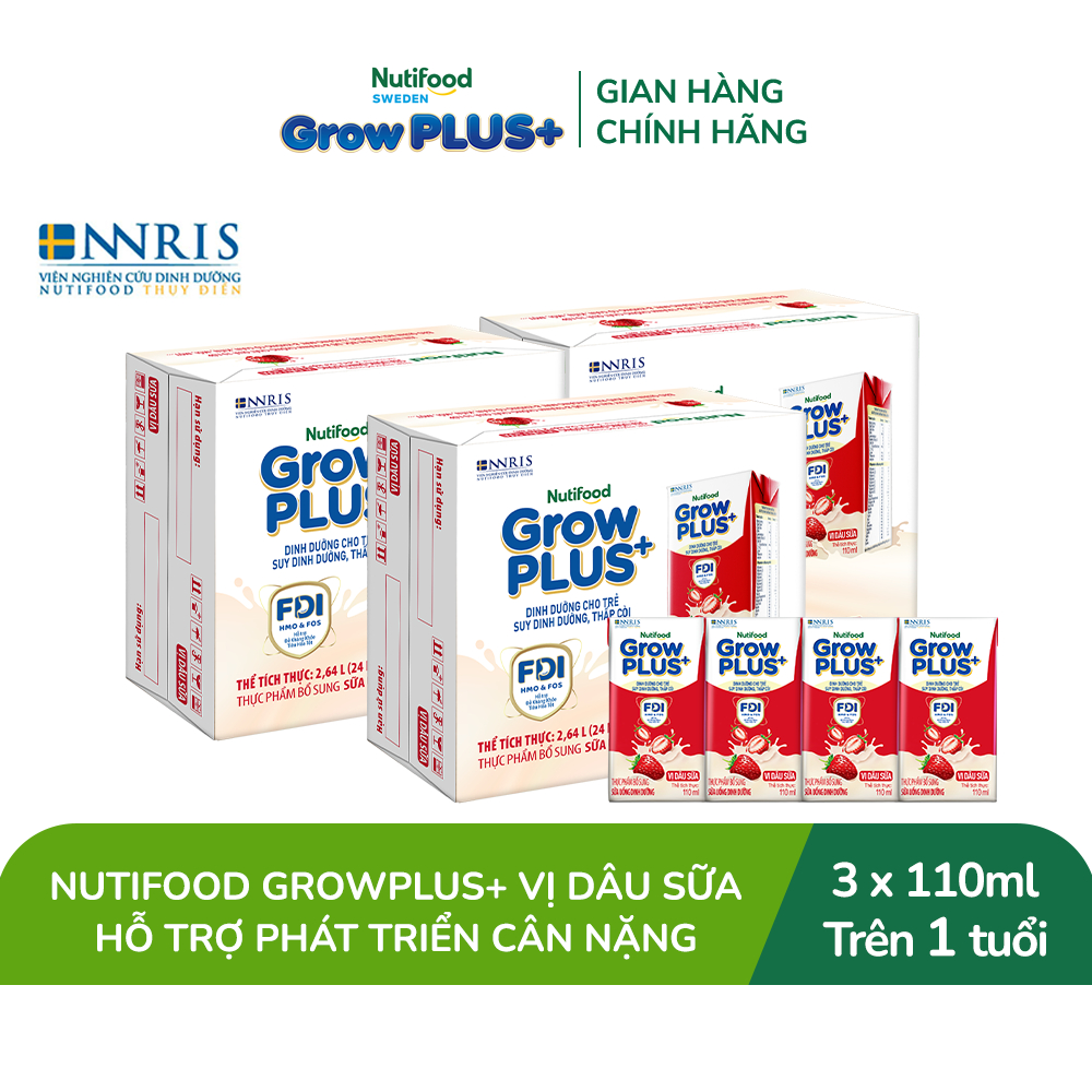 Combo 3 Thùng 24 hộp Sữa bột pha sẵn Nutifood GrowPLUS+ Vị Dâu Sữa hộp 110ml - Trên 1 tuổi