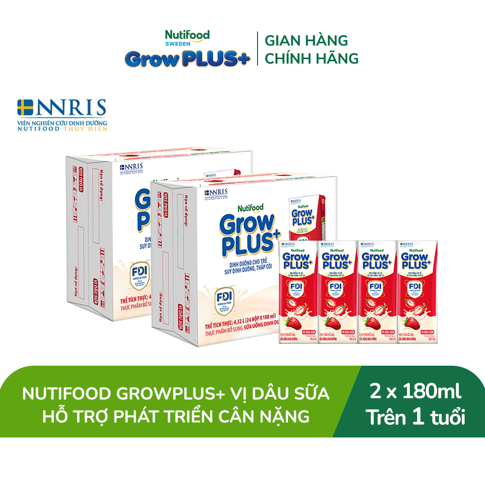 Combo 2 Thùng 24 hộp Sữa bột pha sẵn Nutifood GrowPLUS+ Vị Dâu Sữa hộp 180ml - Trên 1 tuổi