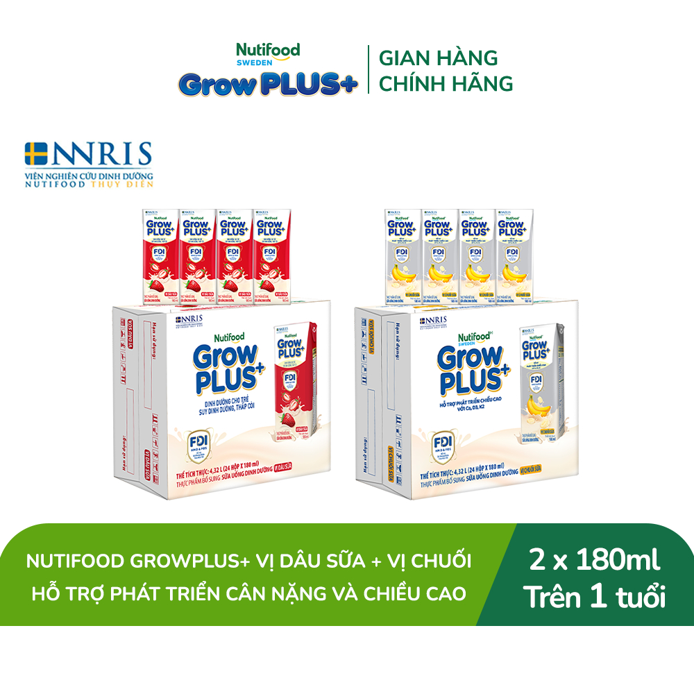 Combo 2 Thùng 24 hộp Sữa bột pha sẵn Nutifood Sweden GrowPLUS+ Vị Dâu 180ml & Vị Chuối 180ml