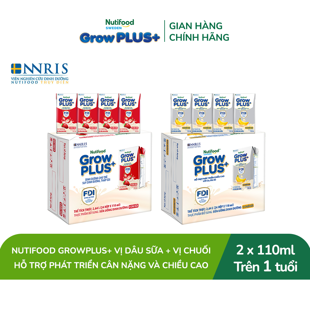 Combo 2 Thùng 24 hộp Sữa bột pha sẵn Nutifood Sweden GrowPLUS+ Vị Dâu 110ml & Vị Chuối 110ml
