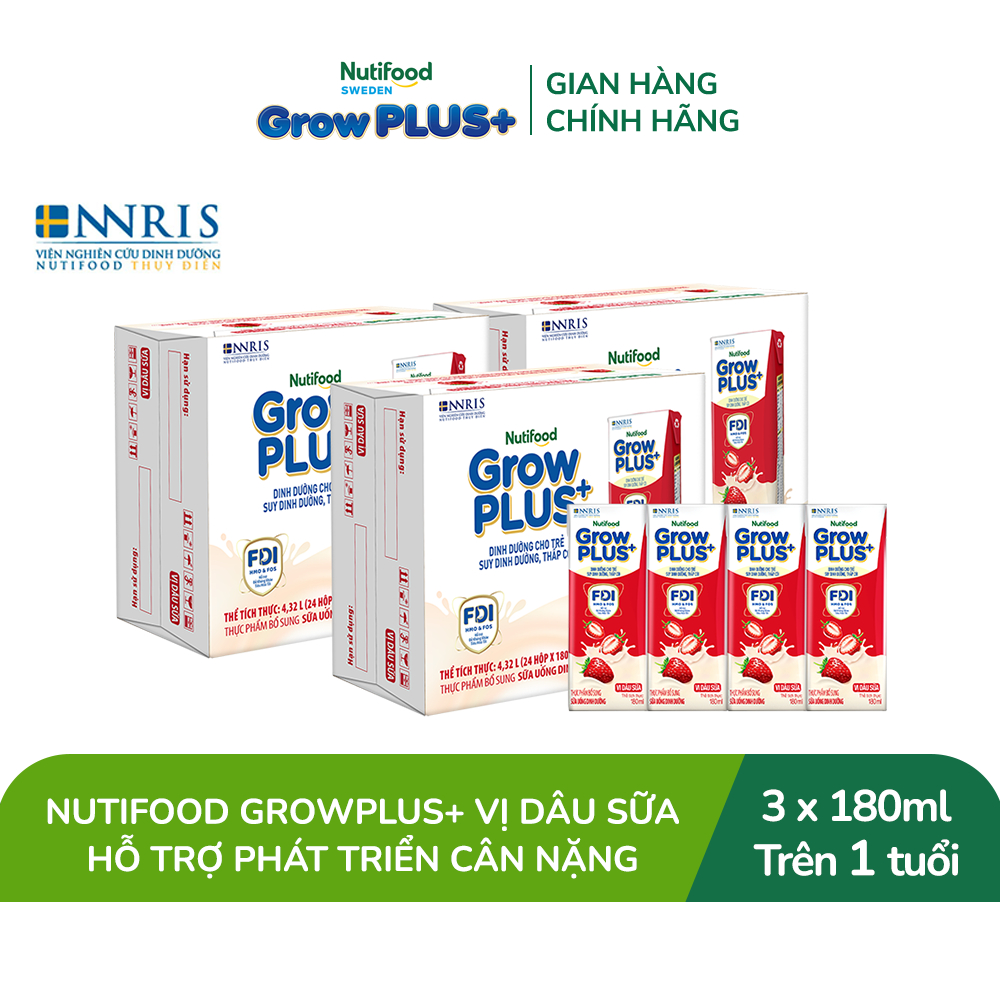 Combo 3 Thùng 24 hộp Sữa bột pha sẵn Nutifood GrowPLUS+ Vị Dâu Sữa hộp 180ml - Trên 1 tuổi