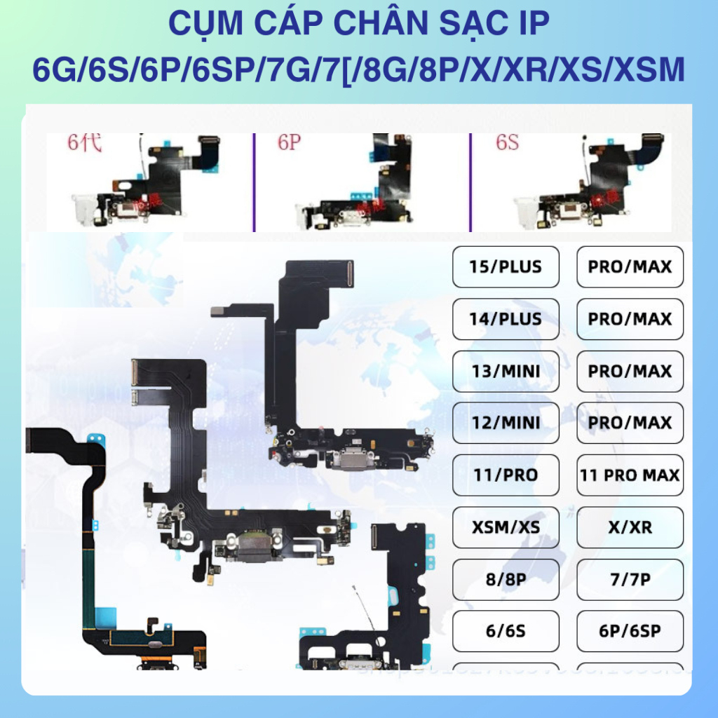 Cụm Cáp Chân Sạc iP 6/6s/6p/6sp/7/7p/8/8p/X/XR/XS/XSM.Hàng Mới 100%,Thay Thế Linh Kiện Cũ