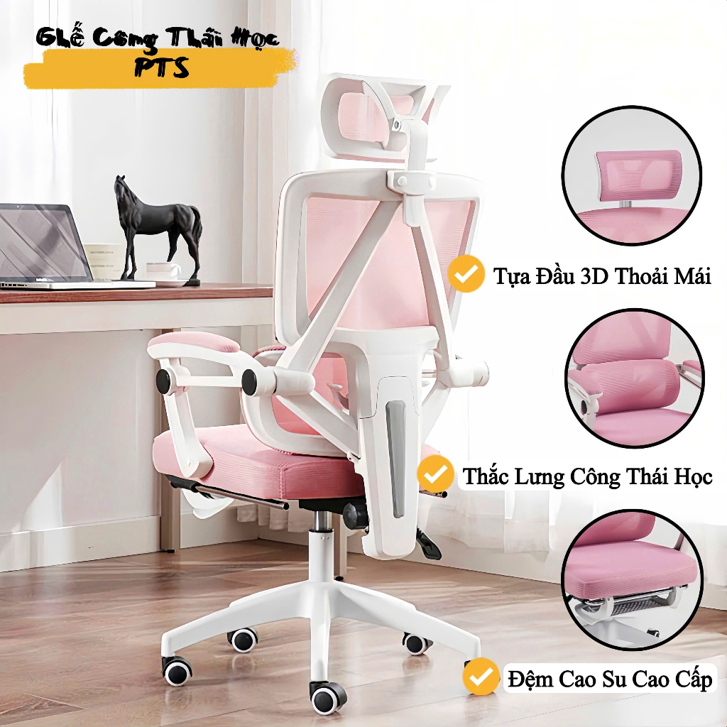 Ghế Công Thái Học Cao Cấp {PTS08}, Ghế Ngã Lưng Văn Phòng, Đệm Ngồi Rộng Rãi, Lưng Ghế Chuẩn Công Thái Học Giảm Đau Lưng