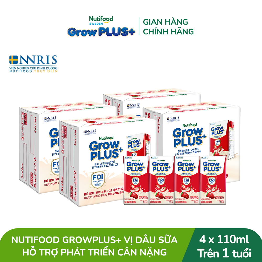 Combo 4 Thùng 24 hộp Sữa bột pha sẵn Nutifood GrowPLUS+ Vị Dâu Sữa hộp 110ml - Trên 1 tuổi