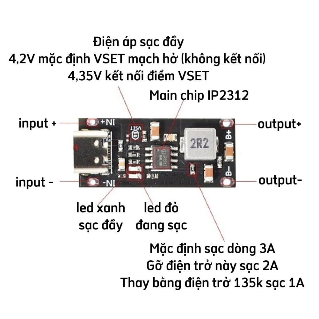 Mạch sạc pin lithium 1S 3A IP2312 type-C Điện áp 4,2v/4,35v | Dòng sạc 3A |
