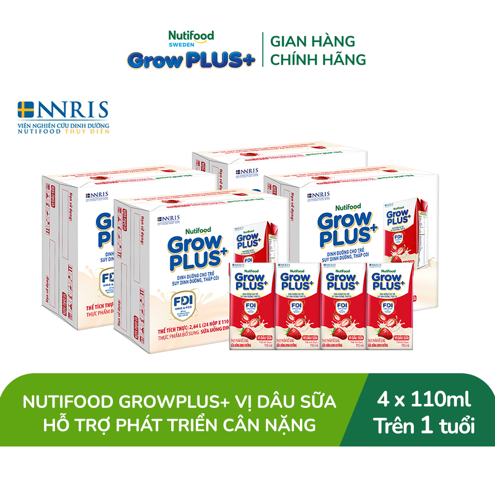 Combo 4 Thùng 24 hộp Sữa bột pha sẵn Nutifood GrowPLUS+ Vị Dâu Sữa hộp 110ml - Trên 1 tuổi