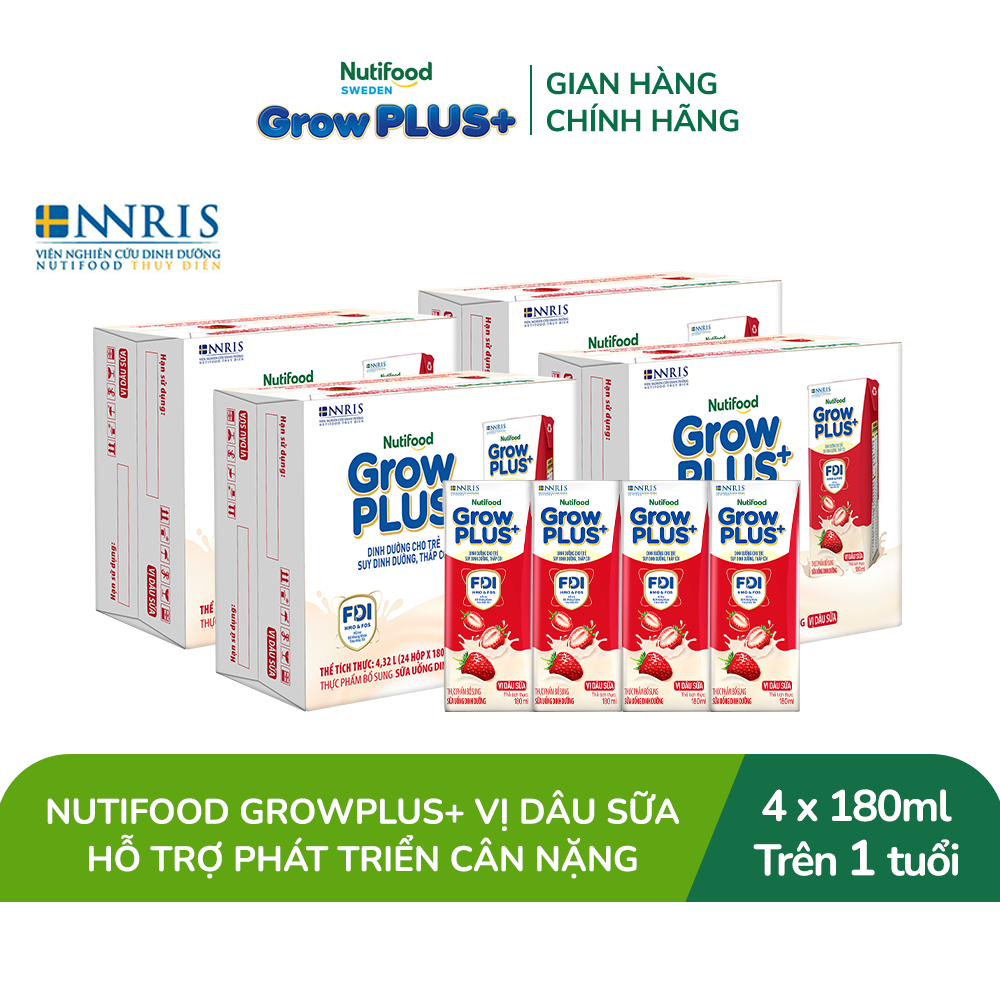 Combo 4 Thùng 24 hộp Sữa bột pha sẵn Nutifood GrowPLUS+ Vị Dâu Sữa hộp 180ml - Trên 1 tuổi