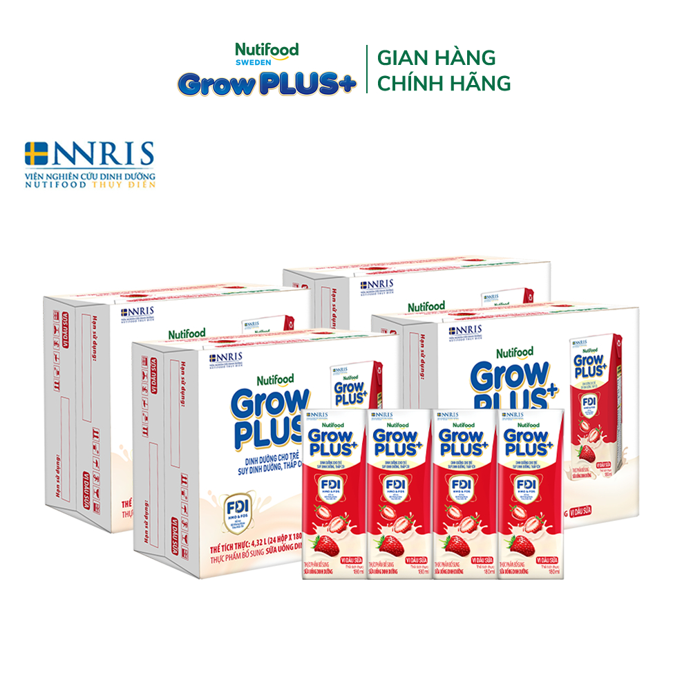 Combo 4 Thùng 24 hộp Sữa bột pha sẵn Nutifood GrowPLUS+ Vị Dâu Sữa hộp 180ml - Trên 1 tuổi