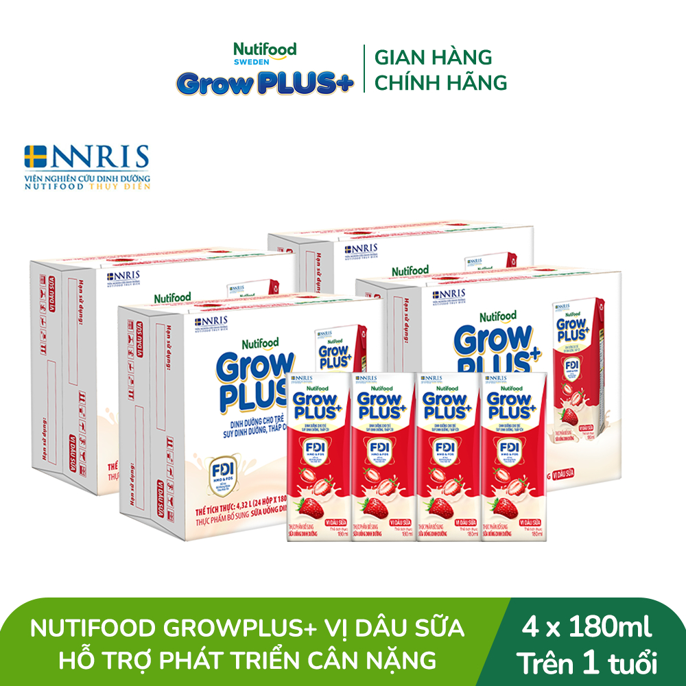 Combo 4 Thùng 24 hộp Sữa bột pha sẵn Nutifood GrowPLUS+ Vị Dâu Sữa hộp 180ml - Trên 1 tuổi
