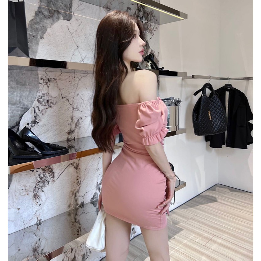 (Hàng Quảng Châu CC) Đầm Body Ôm Dáng Ngắn Trễ Vai Thiết Kế Xếp Ly Sang Trọng Tay Ngắn