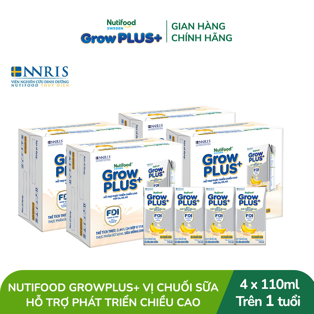 Combo 4 Thùng 24 hộp Sữa bột pha sẵn Nutifood GrowPLUS+ Vị Chuối Sữa hộp 110ml - Trên 1 tuổi