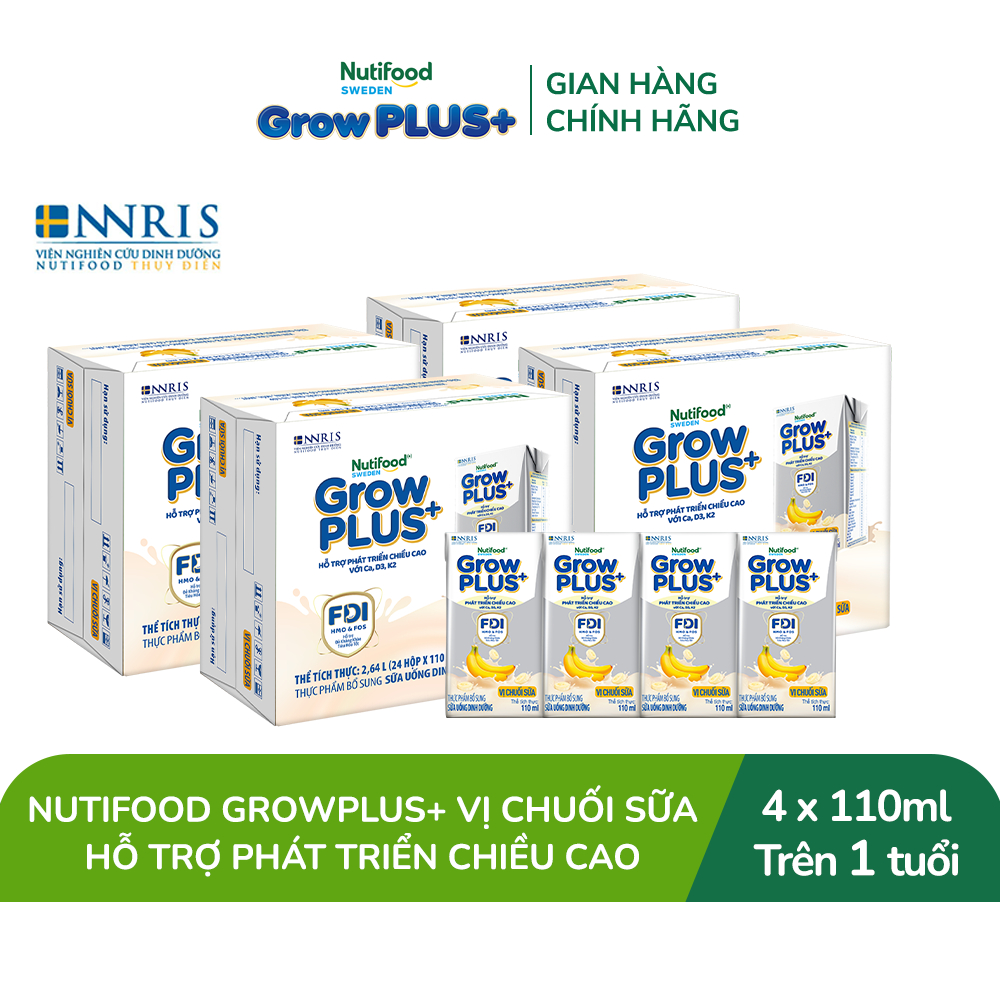 Combo 4 Thùng 24 hộp Sữa bột pha sẵn Nutifood GrowPLUS+ Vị Chuối Sữa hộp 110ml - Trên 1 tuổi