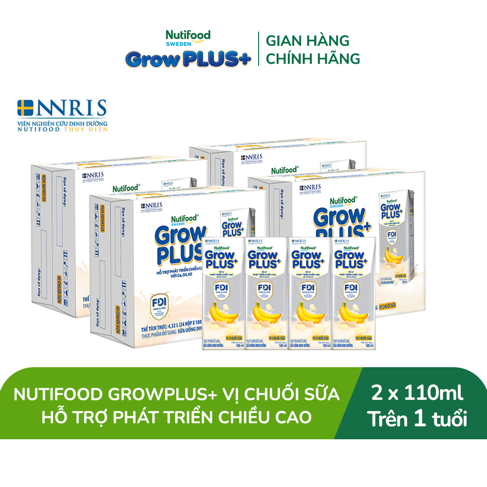 Combo 4 Thùng 24 hộp Sữa bột pha sẵn Nutifood GrowPLUS+ Vị Chuối Sữa hộp 180ml - Trên 1 tuổi