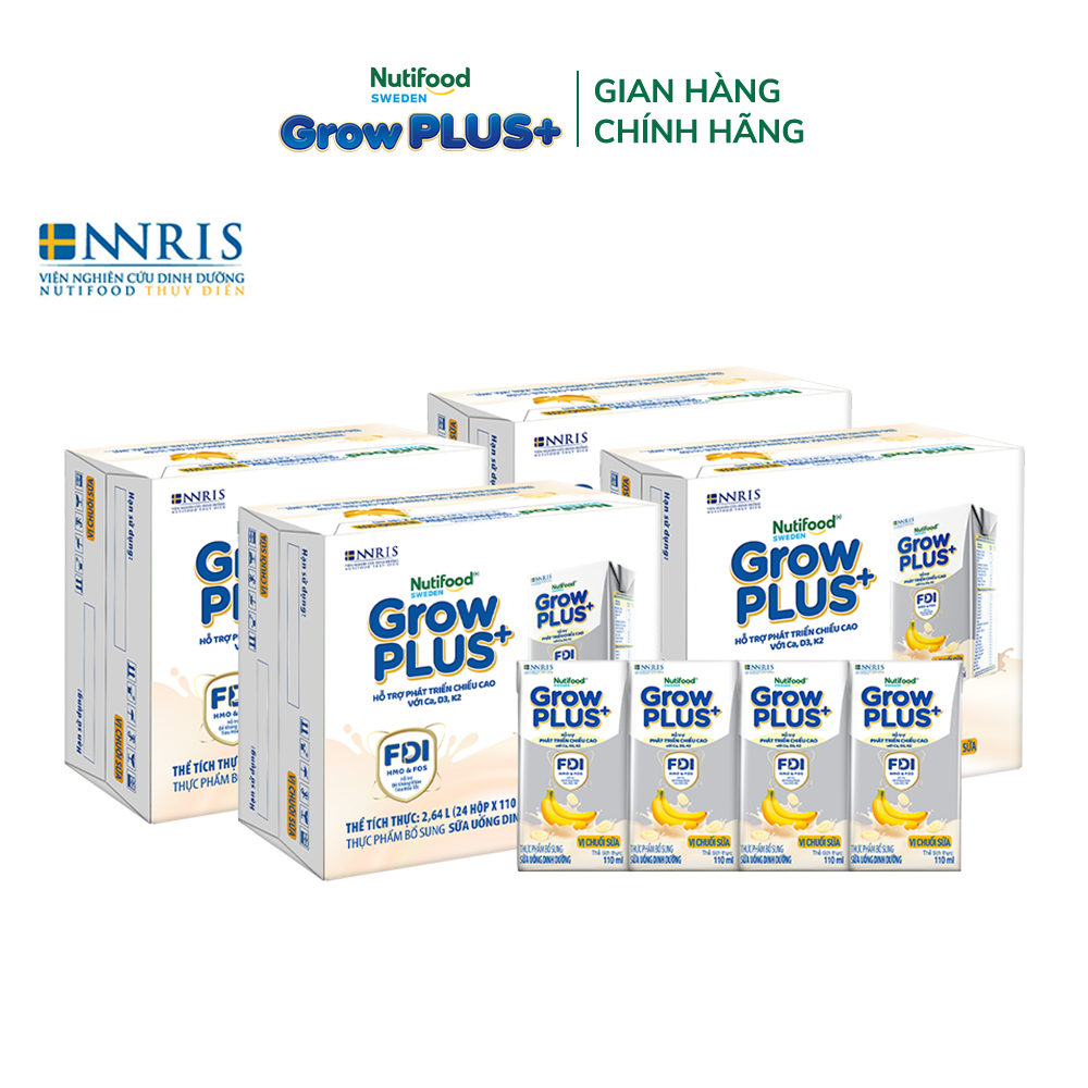 Combo 4 Thùng 24 hộp Sữa bột pha sẵn Nutifood GrowPLUS+ Vị Chuối Sữa hộp 110ml - Trên 1 tuổi