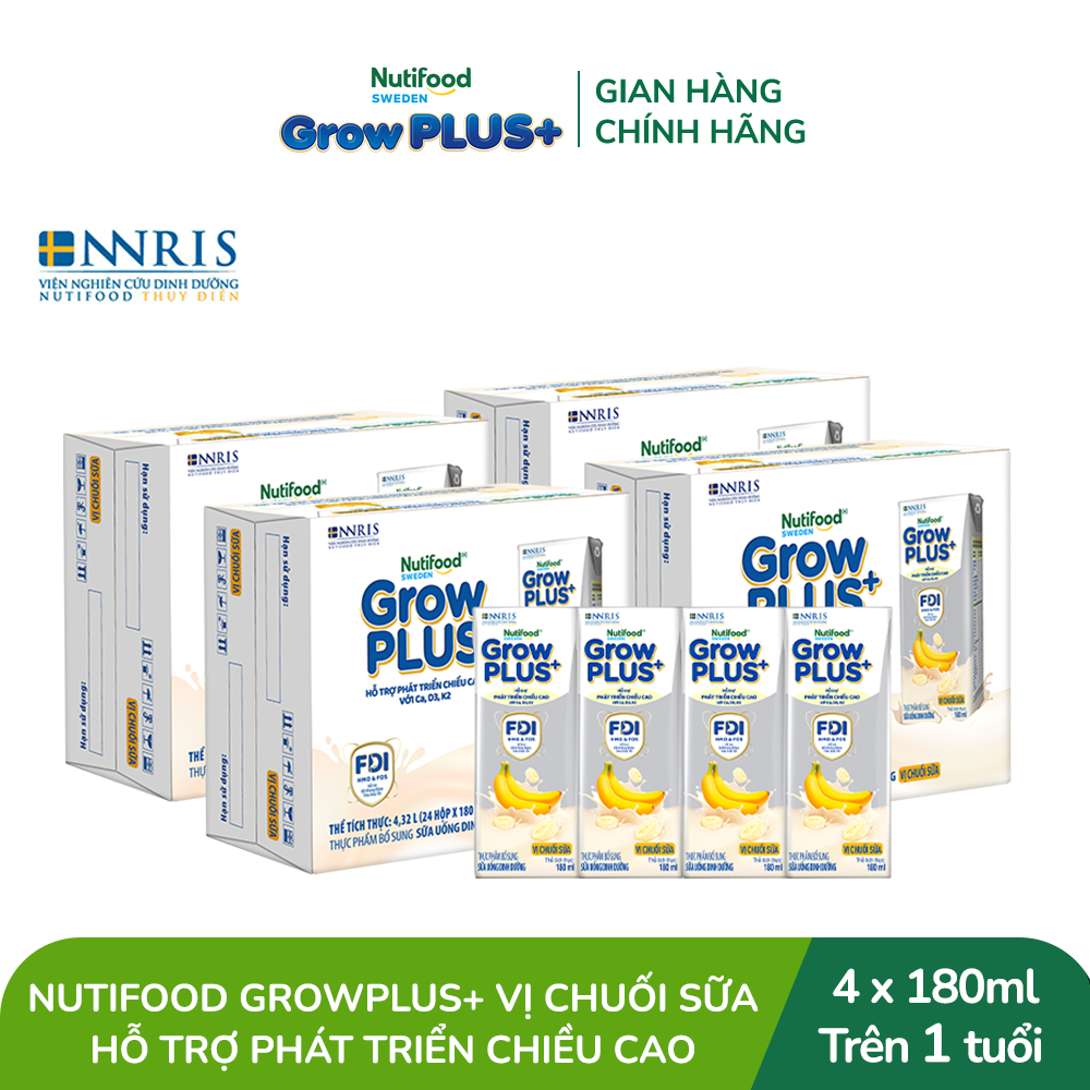 Combo 4 Thùng 24 hộp Sữa bột pha sẵn Nutifood GrowPLUS+ Vị Chuối Sữa hộp 180ml - Trên 1 tuổi