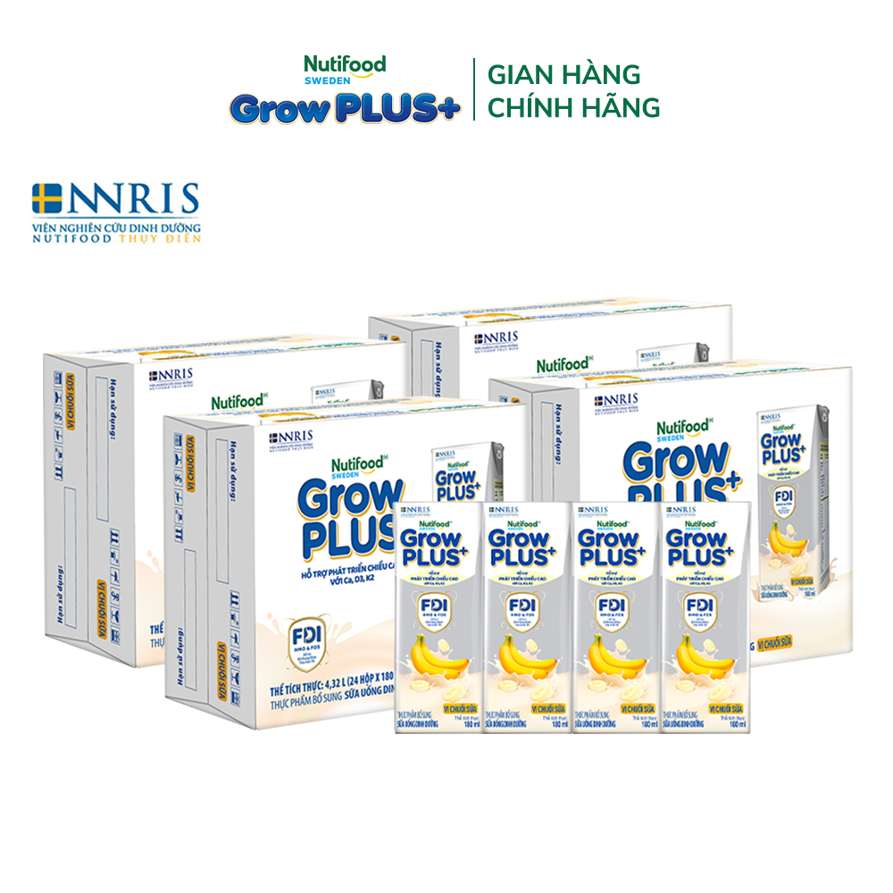 Combo 4 Thùng 24 hộp Sữa bột pha sẵn Nutifood GrowPLUS+ Vị Chuối Sữa hộp 180ml - Trên 1 tuổi