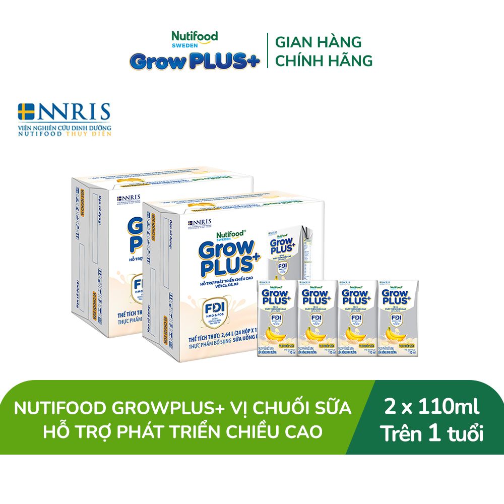 Combo 2 Thùng 24 hộp Sữa bột pha sẵn Nutifood Sweden GrowPLUS+ Vị Chuối Sữa hộp 110ml Trên 1 tuổi