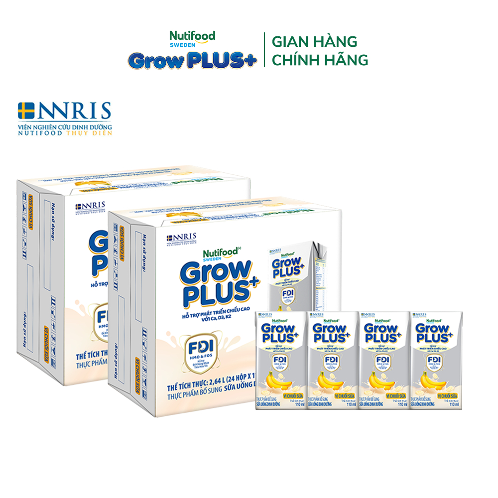 Combo 2 Thùng 24 hộp Sữa bột pha sẵn Nutifood Sweden GrowPLUS+ Vị Chuối Sữa hộp 110ml Trên 1 tuổi