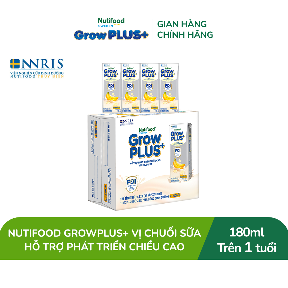 Thùng 24 hộp Sữa bột pha sẵn Nutifood Sweden GrowPLUS+ Vị Chuối Sữa hộp 180ml - Trên 1 tuổi (24 x 180ml)
