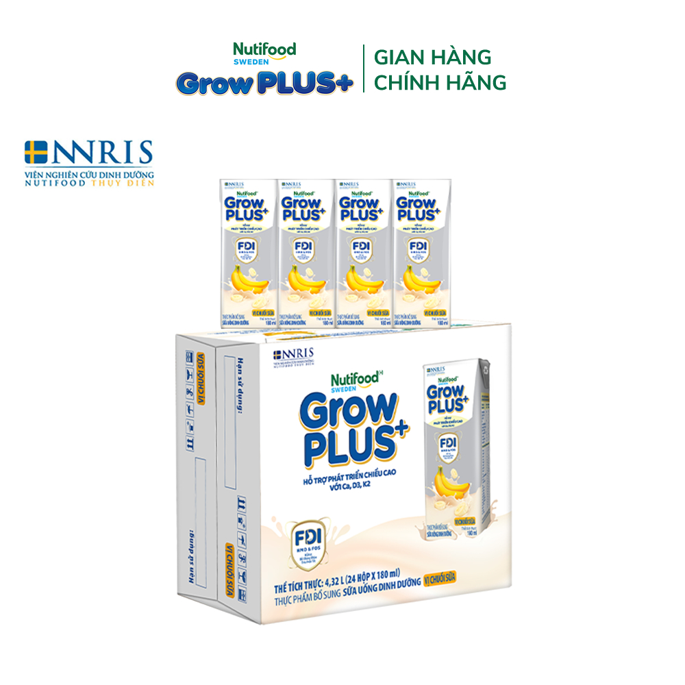 Thùng 24 hộp Sữa bột pha sẵn Nutifood Sweden GrowPLUS+ Vị Chuối Sữa hộp 180ml - Trên 1 tuổi (24 x 180ml)