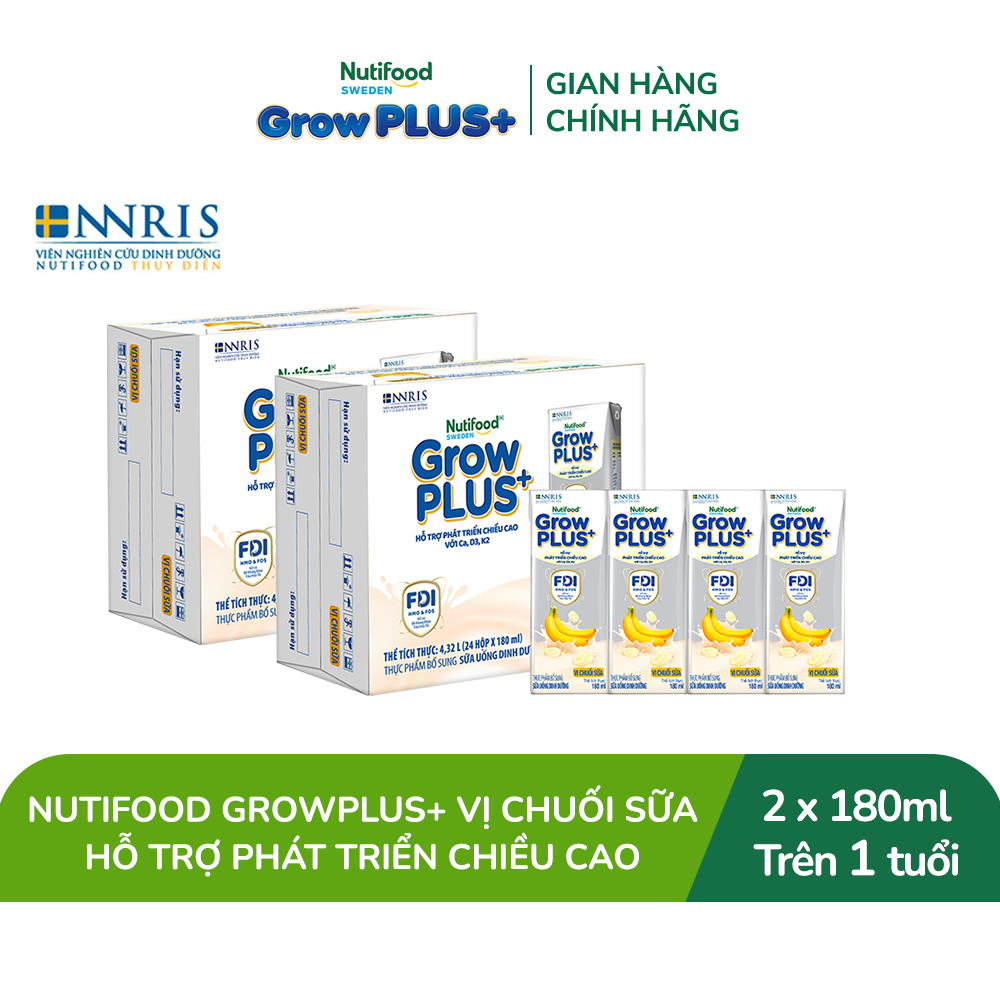 Combo 2 Thùng 24 hộp Sữa bột pha sẵn Nutifood Sweden GrowPLUS+ - Vị Chuối Sữa hộp 180ml - Trên 1 tuổi