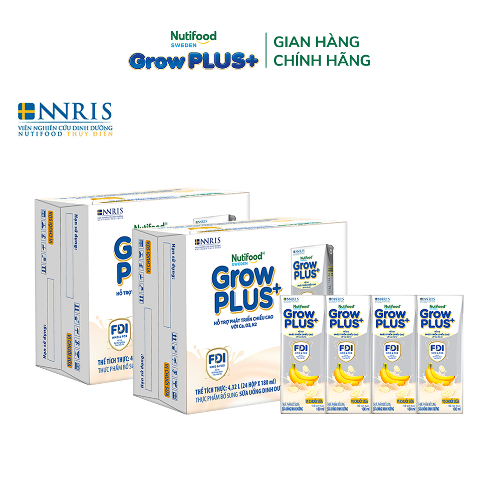 Combo 2 Thùng 24 hộp Sữa bột pha sẵn Nutifood Sweden GrowPLUS+ - Vị Chuối Sữa hộp 180ml - Trên 1 tuổi