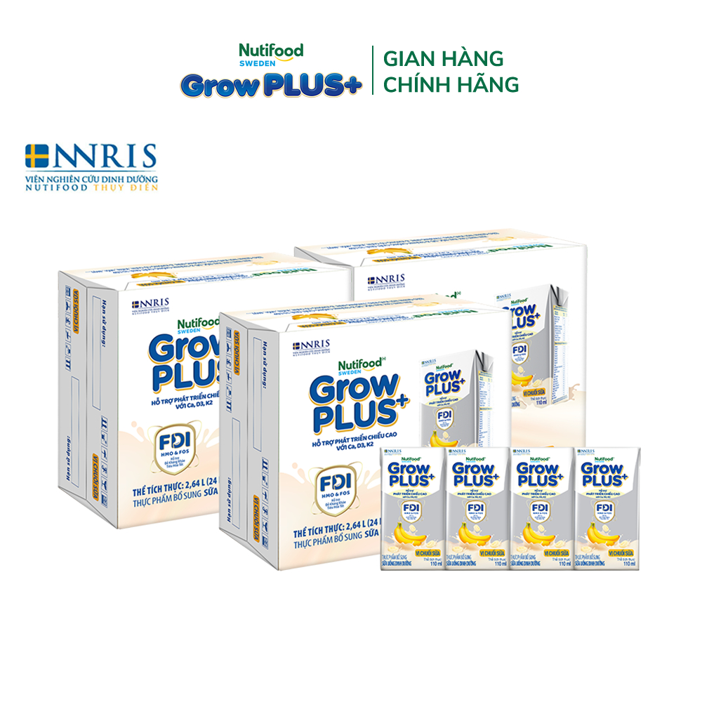 Combo 3 Thùng 24 hộp Sữa bột pha sẵn Nutifood Sweden GrowPLUS+ Vị Chuối Sữa hộp 110ml Trên 1 tuổi