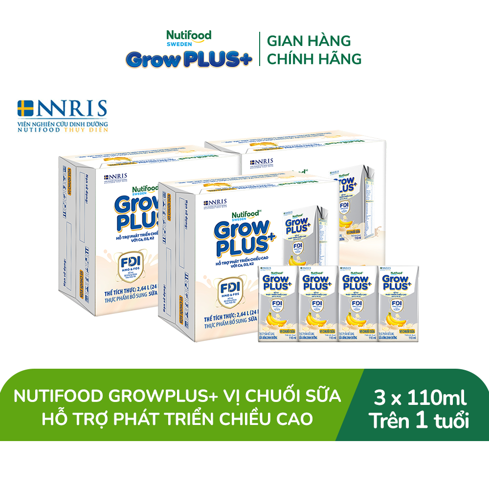 Combo 3 Thùng 24 hộp Sữa bột pha sẵn Nutifood Sweden GrowPLUS+ Vị Chuối Sữa hộp 110ml Trên 1 tuổi