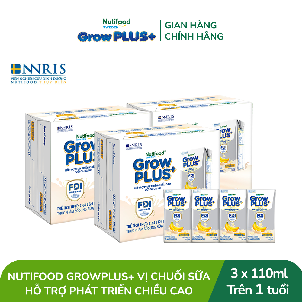 Combo 3 Thùng 24 hộp Sữa bột pha sẵn Nutifood Sweden GrowPLUS+ Vị Chuối Sữa hộp 110ml Trên 1 tuổi