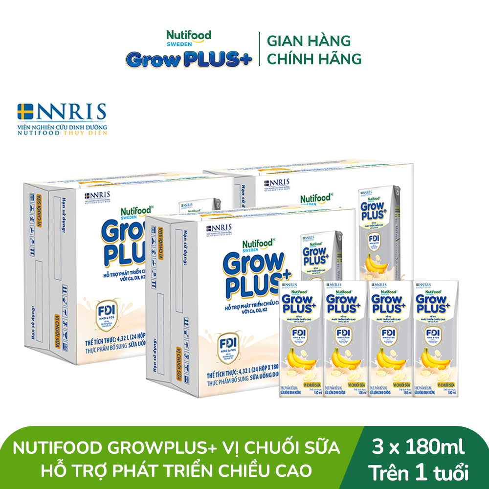Combo 3 Thùng 24 hộp Sữa bột pha sẵn Nutifood Sweden GrowPLUS+ Vị Chuối Sữa hộp 180ml - Trên 1 tuổi