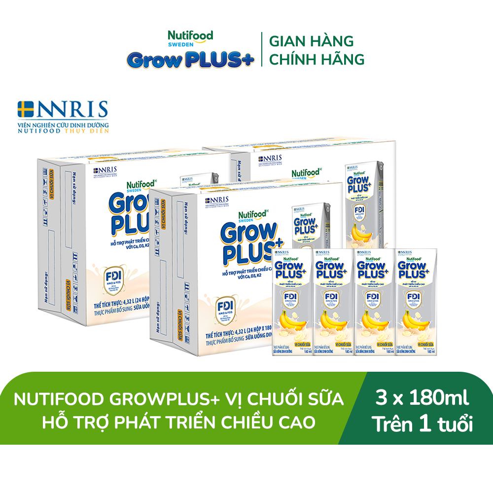 Combo 3 Thùng 24 hộp Sữa bột pha sẵn Nutifood Sweden GrowPLUS+ Vị Chuối Sữa hộp 180ml - Trên 1 tuổi
