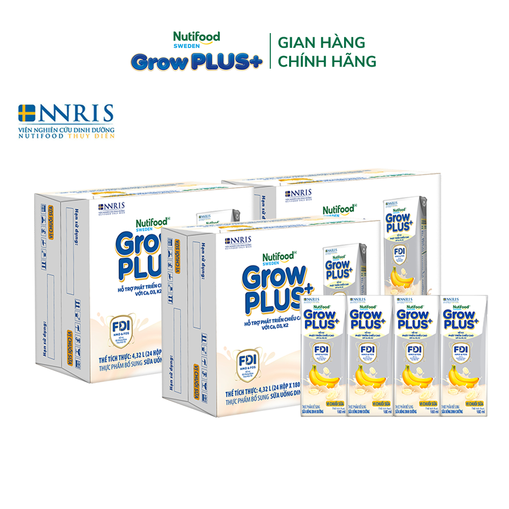 Combo 3 Thùng 24 hộp Sữa bột pha sẵn Nutifood Sweden GrowPLUS+ Vị Chuối Sữa hộp 180ml - Trên 1 tuổi