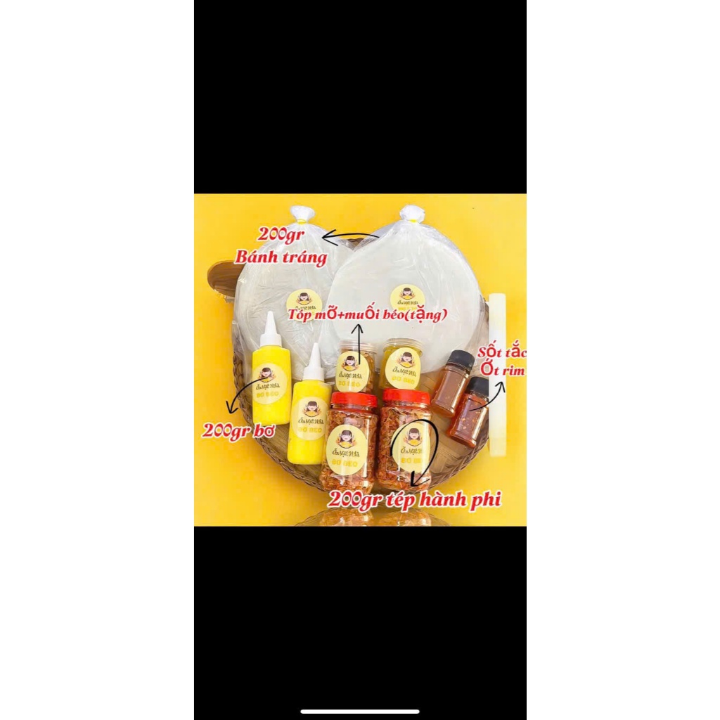 [Combo 89K] bánh tráng phơi sương 200g + 2 chai bơ 100g + sốt tắc, ớt rim 50ml + 2 hủ tép hành phi + tóp mỡ + muối béo