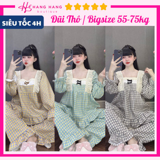Đồ ngủ nữ bigsize 55-75kg, pijama dài tay cổ vuông đũi thô dày dặn 75DD23, đồ bộ nữ đồ mặc nhà tiểu thư caro sang chảnh