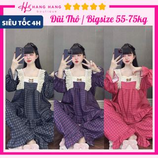 Đồ ngủ nữ bigsize 55-75kg, pijama dài tay cổ vuông đũi thô dày dặn 75DD23, đồ bộ nữ đồ mặc nhà tiểu thư caro sang chảnh