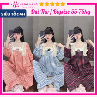 Đồ ngủ nữ bigsize 55-75kg, pijama dài tay cổ vuông đũi thô dày dặn 75DD23, đồ bộ nữ đồ mặc nhà tiểu thư caro sang chảnh