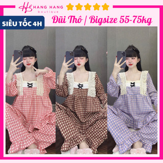 Đồ ngủ nữ bigsize 55-75kg, pijama dài tay cổ vuông đũi thô dày dặn 75DD23, đồ bộ nữ đồ mặc nhà tiểu thư caro sang chảnh