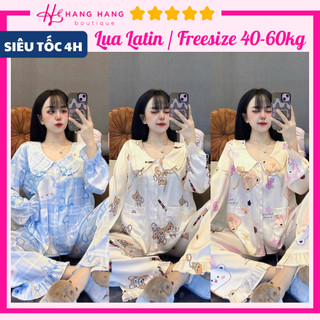 Đồ ngủ nữ 40-60kg, pijama dài tay dài cổ sen 2 nơ lụa latin mịn mát 60DD59, đồ bộ nữ đồ mặc nhà tiểu thư cute dễ thương