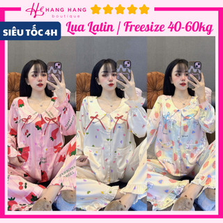 Đồ ngủ nữ 40-60kg, pijama dài tay dài cổ sen 2 nơ lụa latin mịn mát 60DD59, đồ bộ nữ đồ mặc nhà tiểu thư cute dễ thương