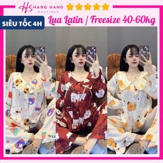 Đồ ngủ nữ 40-60kg, pijama dài tay dài cổ sen 2 nơ lụa latin mịn mát 60DD59, đồ bộ nữ đồ mặc nhà tiểu thư cute dễ thương