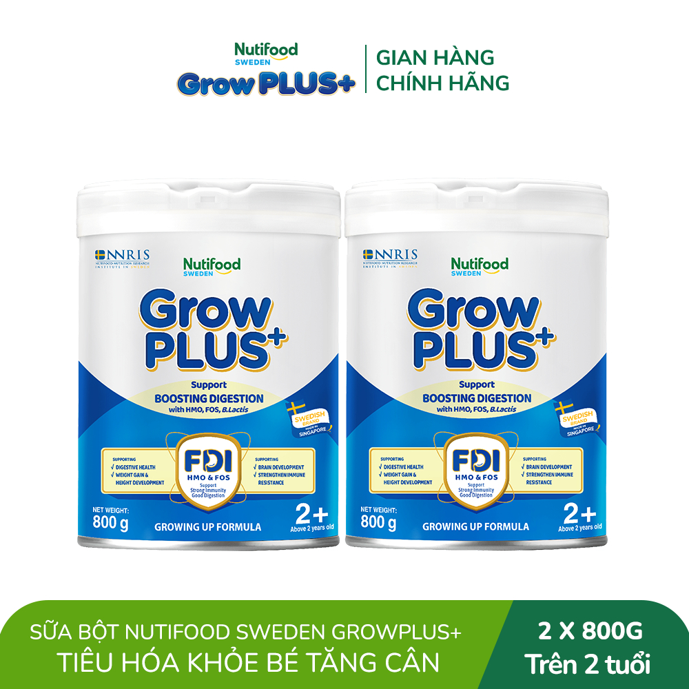 Combo 2 Sữa bột Nutifood Sweden GrowPLUS+ Tiêu Hóa (Xanh Nhạt) 2+ - Tiêu hóa khỏe, tăng cân (Lon 800g)