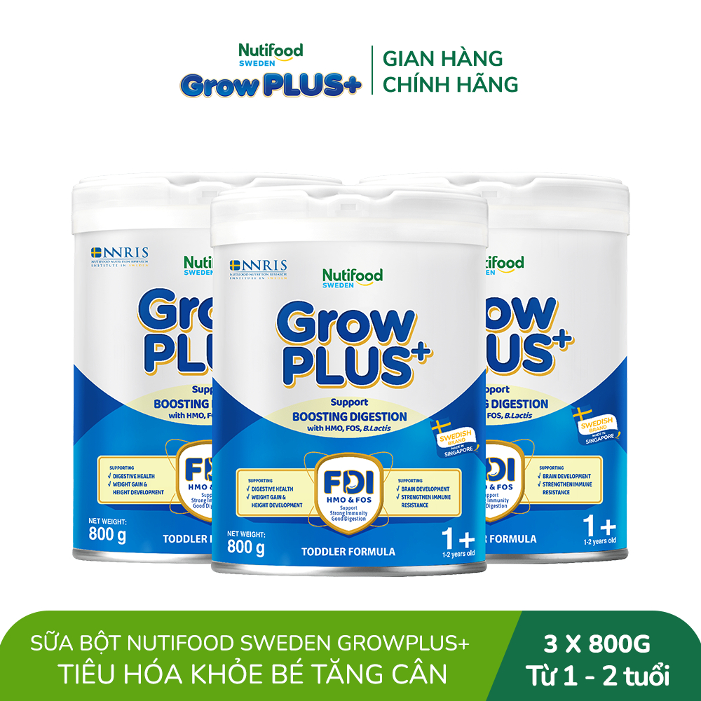 Combo 3 Sữa bột Nutifood Sweden GrowPLUS+ Tiêu Hóa (Xanh Nhạt) 1+ - Tiêu hóa khỏe, tăng cân (Lon 800g)