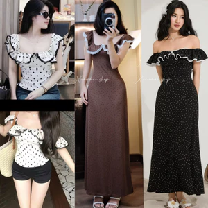 Đầm Trễ vai chấm bi dáng a dài thun tăm lạnh co giãn Xuân Mai Shop